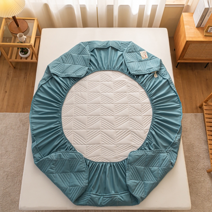 91家纺网 家纺一手货源 找家纺 乐视 2024新款A类纯色大豆纤维夹棉床笠 线条格-湖蓝