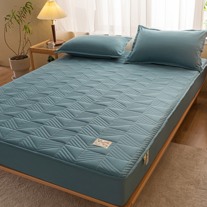 91家纺网 家纺一手货源 找家纺 乐视 2024新款A类纯色大豆纤维夹棉床笠 线条格-湖蓝