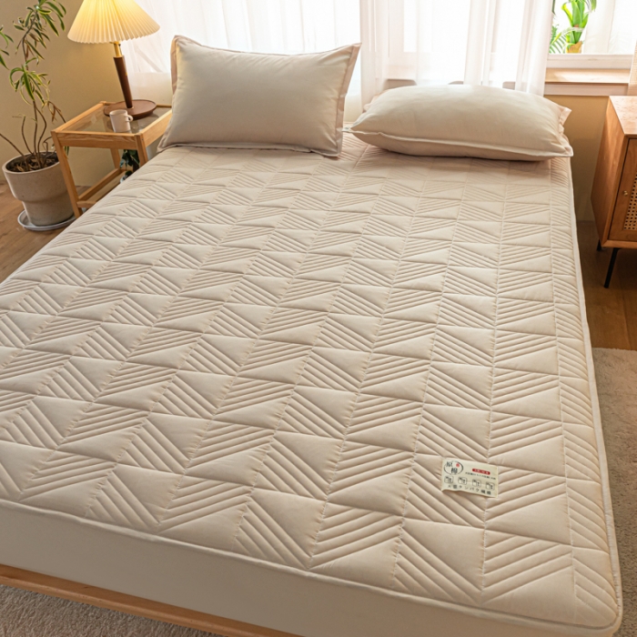 91家纺网 家纺一手货源 找家纺 乐视 2024新款A类纯色大豆纤维夹棉床笠 线条格-卡其