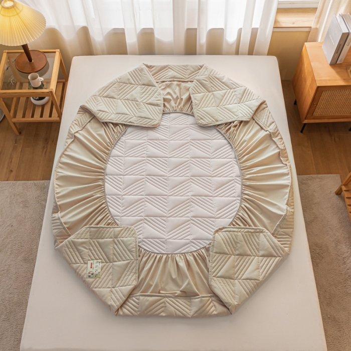 91家纺网 家纺一手货源 找家纺 乐视 2024新款A类纯色大豆纤维夹棉床笠 线条格-卡其