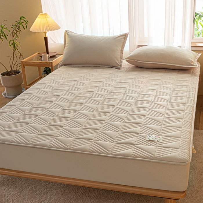 91家纺网 家纺一手货源 找家纺 乐视 2024新款A类纯色大豆纤维夹棉床笠 线条格-卡其