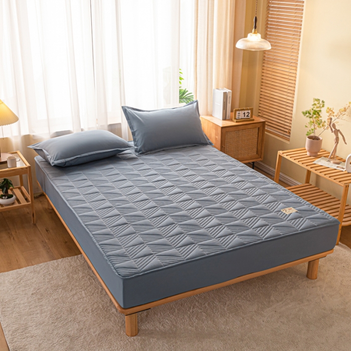 91家纺网 家纺一手货源 找家纺 乐视 2024新款A类纯色大豆纤维夹棉床笠 线条格-墨兰