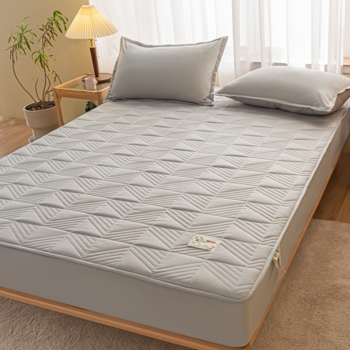 91家纺网 家纺一手货源 找家纺 乐视 2024新款A类纯色大豆纤维夹棉床笠 线条格-烟灰