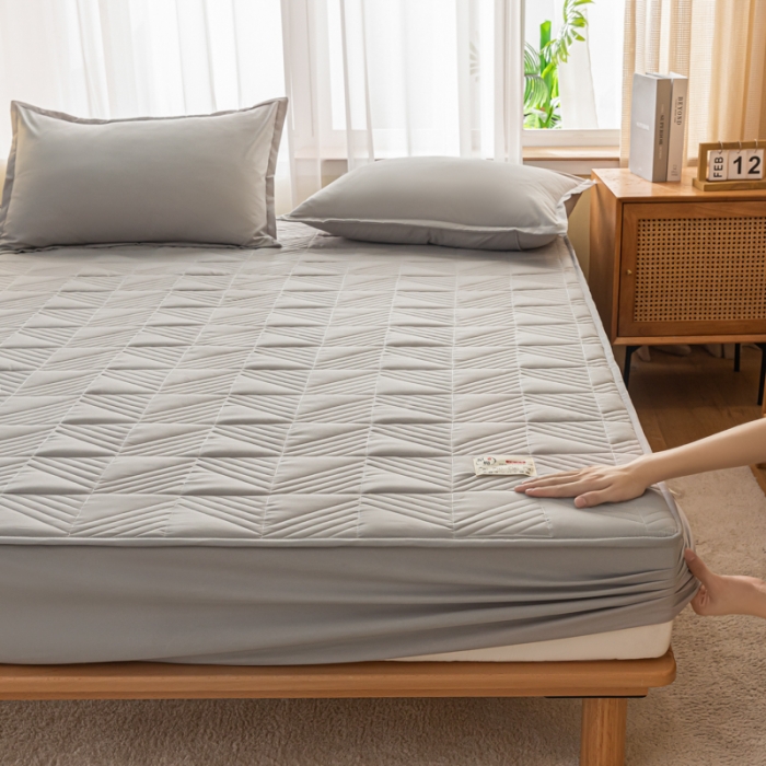 91家纺网 家纺一手货源 找家纺 乐视 2024新款A类纯色大豆纤维夹棉床笠 线条格-烟灰