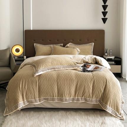 91家纺网 家纺一手货源 找家纺 乐蔻 2022轻奢纯色宽边烂花牛奶绒刺绣四件套 纪梵 凌波