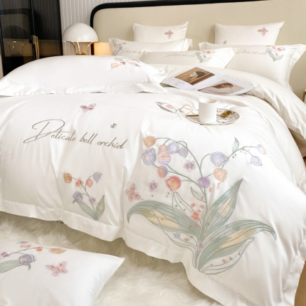 91家纺网 家纺一手货源 找家纺 100支新疆长绒棉少女心四件套全棉纯棉简约刺绣床单被套床笠款