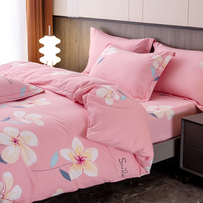 91家纺网 家纺一手货源 找家纺 纽缦 2022新款纯棉磨毛加厚系列-床笠四件套 语茉花开-粉