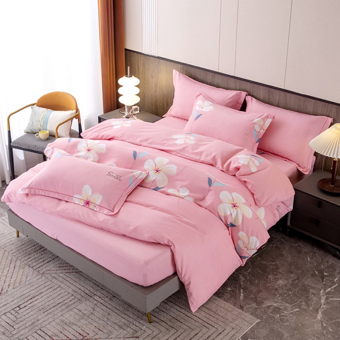 91家纺网 家纺一手货源 找家纺 纽缦 2022新款纯棉磨毛加厚系列-床笠四件套 语茉花开-粉