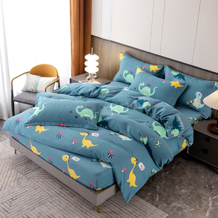 91家纺网 家纺一手货源 找家纺 纽缦 2022新款纯棉磨毛加厚系列-床笠四件套 小恐龙