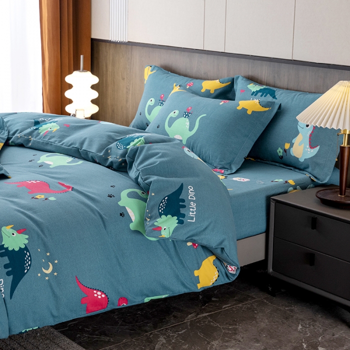 91家纺网 家纺一手货源 找家纺 纽缦 2022新款纯棉磨毛加厚系列-床笠四件套 小恐龙