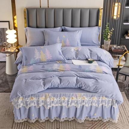 91家纺网 家纺一手货源 找家纺 纽缦 2022新款纯棉磨毛加厚系列-床裙四件套 奇遇森林-灰