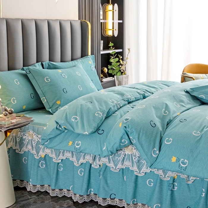 91家纺网 家纺一手货源 找家纺 纽缦 2022新款纯棉磨毛加厚系列-床裙四件套 字母恋曲-绿