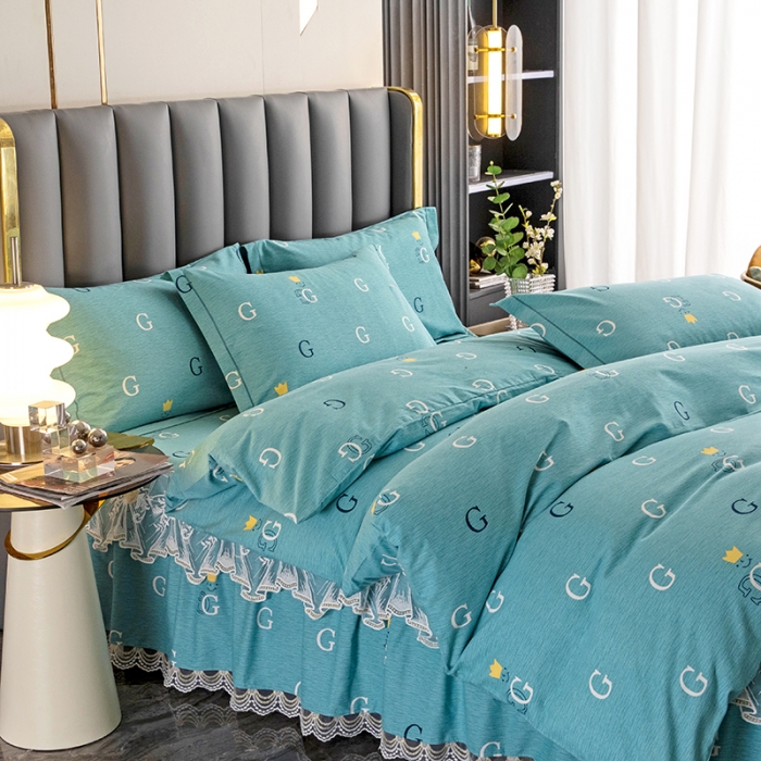 91家纺网 家纺一手货源 找家纺 纽缦 2022新款纯棉磨毛加厚系列-床裙四件套 字母恋曲-绿