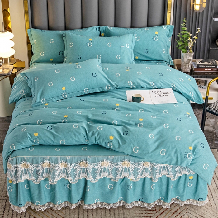 91家纺网 家纺一手货源 找家纺 纽缦 2022新款纯棉磨毛加厚系列-床裙四件套 字母恋曲-绿