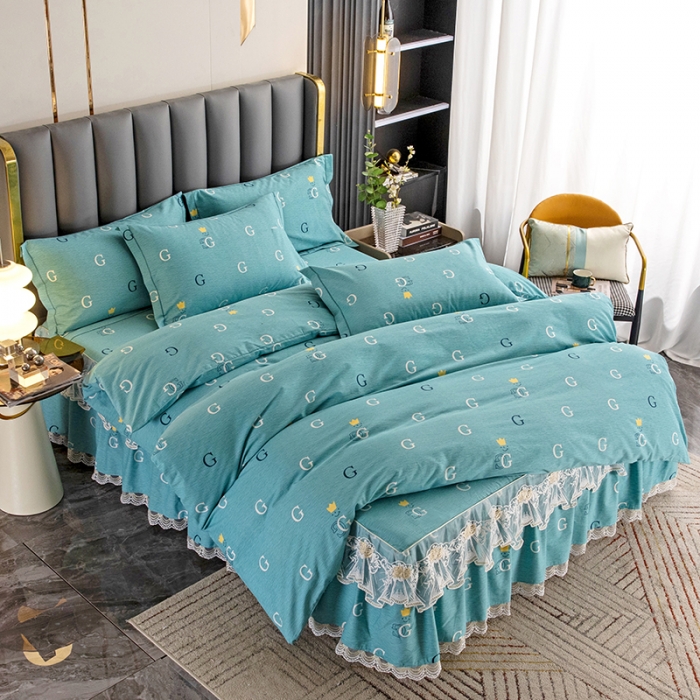 91家纺网 家纺一手货源 找家纺 纽缦 2022新款纯棉磨毛加厚系列-床裙四件套 字母恋曲-绿