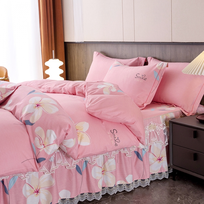 91家纺网 家纺一手货源 找家纺 纽缦 2022新款纯棉磨毛加厚系列-床裙四件套 语茉花开-粉