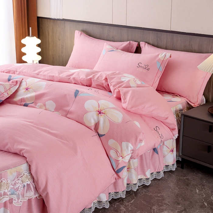 91家纺网 家纺一手货源 找家纺 纽缦 2022新款纯棉磨毛加厚系列-床裙四件套 语茉花开-粉