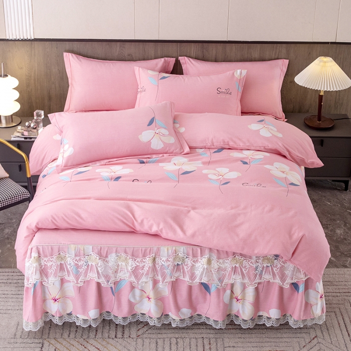 91家纺网 家纺一手货源 找家纺 纽缦 2022新款纯棉磨毛加厚系列-床裙四件套 语茉花开-粉