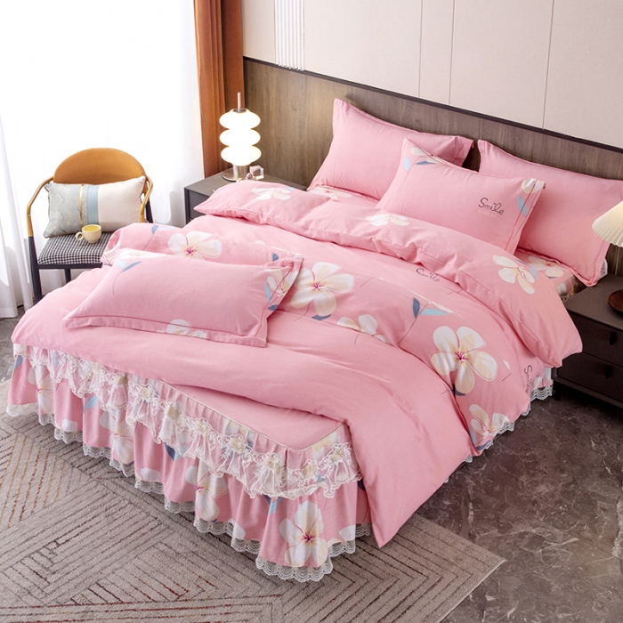 91家纺网 家纺一手货源 找家纺 纽缦 2022新款纯棉磨毛加厚系列-床裙四件套 语茉花开-粉