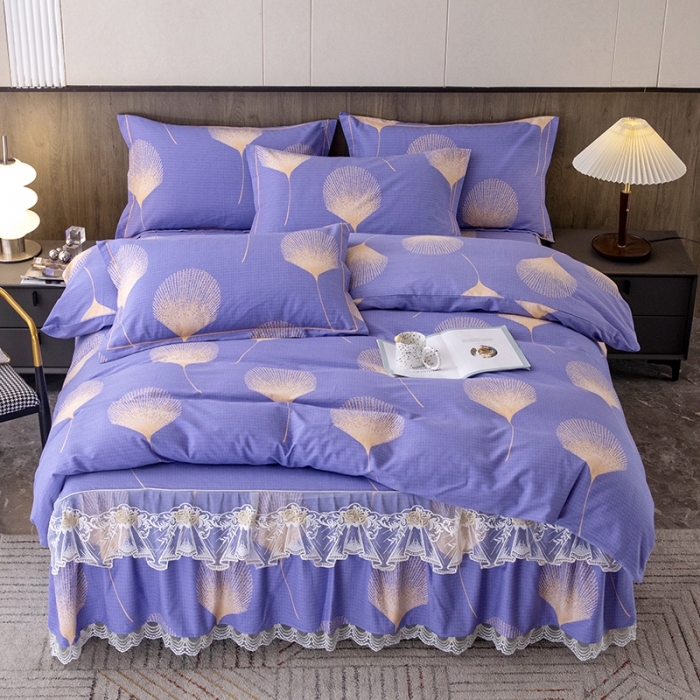 91家纺网 家纺一手货源 找家纺 纽缦 2022新款纯棉磨毛加厚系列-床裙四件套 叶语-紫