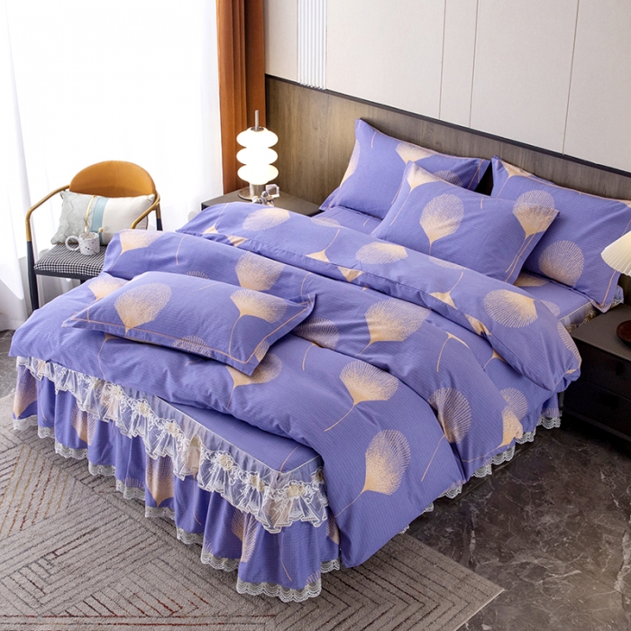 91家纺网 家纺一手货源 找家纺 纽缦 2022新款纯棉磨毛加厚系列-床裙四件套 叶语-紫