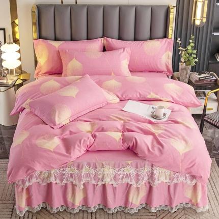 纽缦 2022新款纯棉磨毛加厚系列-床裙四件套 叶语-粉