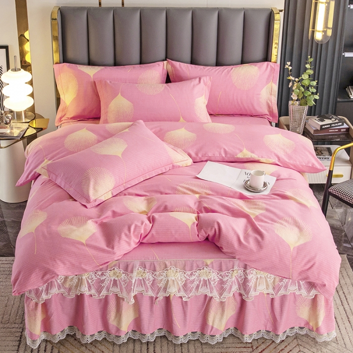 91家纺网 家纺一手货源 找家纺 纽缦 2022新款纯棉磨毛加厚系列-床裙四件套 叶语-粉