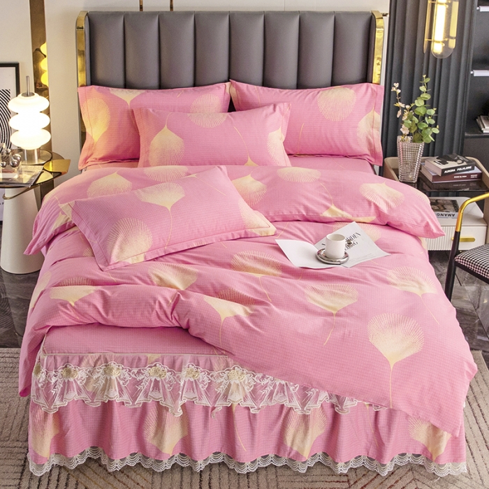 91家纺网 家纺一手货源 找家纺 纽缦 2022新款纯棉磨毛加厚系列-床裙四件套 叶语-粉