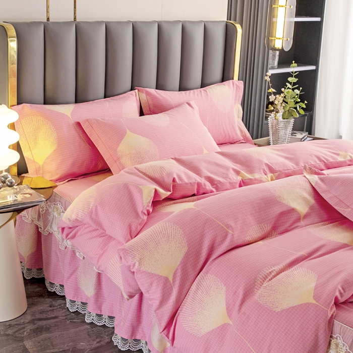 91家纺网 家纺一手货源 找家纺 纽缦 2022新款纯棉磨毛加厚系列-床裙四件套 叶语-粉