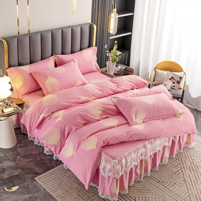 91家纺网 家纺一手货源 找家纺 纽缦 2022新款纯棉磨毛加厚系列-床裙四件套 叶语-粉