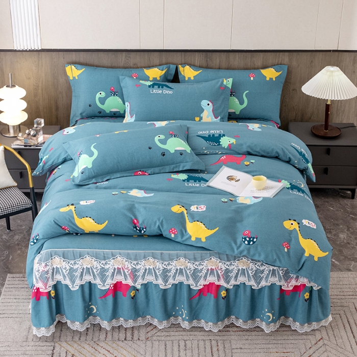 91家纺网 家纺一手货源 找家纺 纽缦 2022新款纯棉磨毛加厚系列-床裙四件套 小恐龙