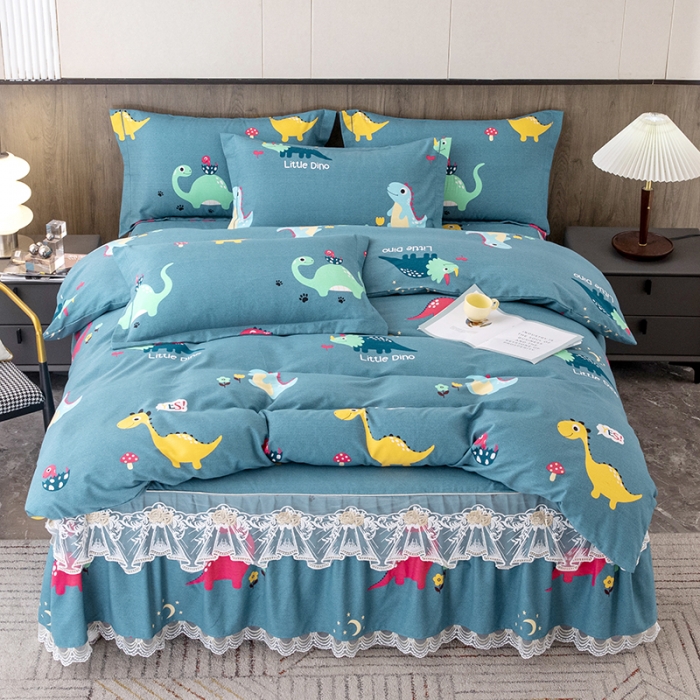 91家纺网 家纺一手货源 找家纺 纽缦 2022新款纯棉磨毛加厚系列-床裙四件套 小恐龙