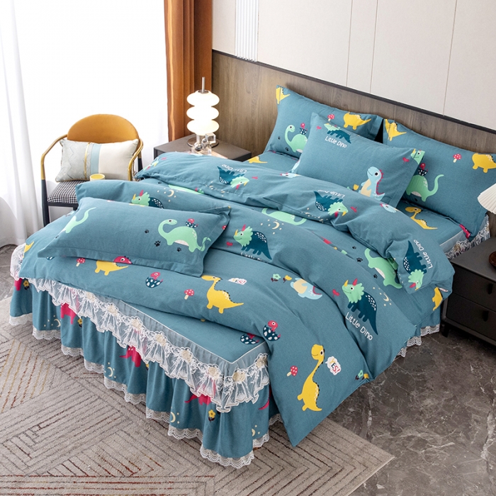 91家纺网 家纺一手货源 找家纺 纽缦 2022新款纯棉磨毛加厚系列-床裙四件套 小恐龙