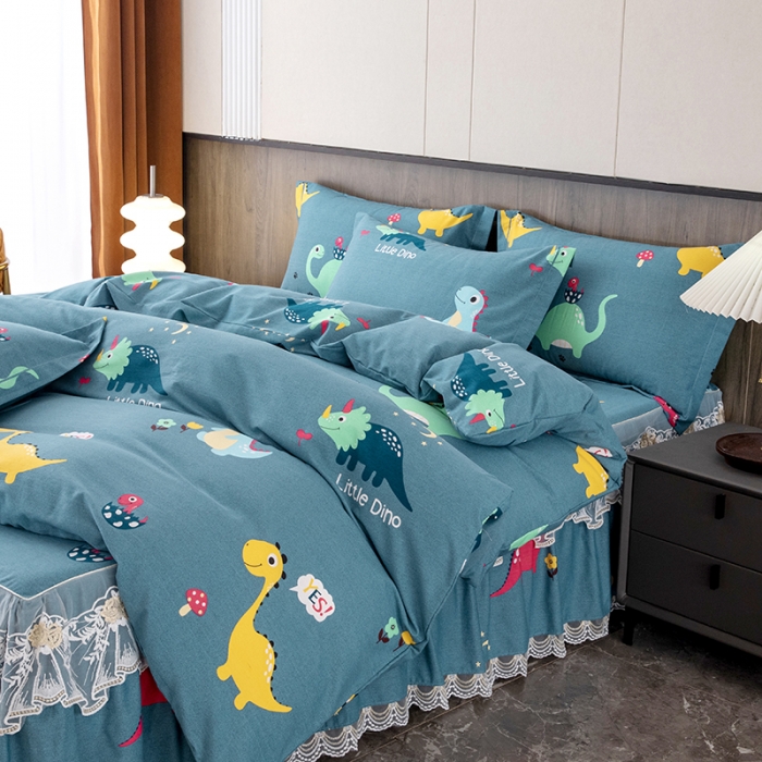 91家纺网 家纺一手货源 找家纺 纽缦 2022新款纯棉磨毛加厚系列-床裙四件套 小恐龙