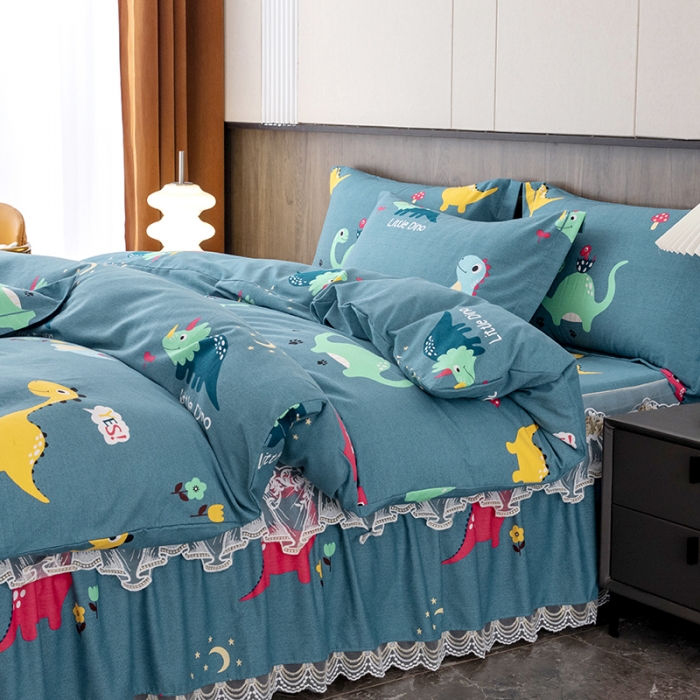 91家纺网 家纺一手货源 找家纺 纽缦 2022新款纯棉磨毛加厚系列-床裙四件套 小恐龙