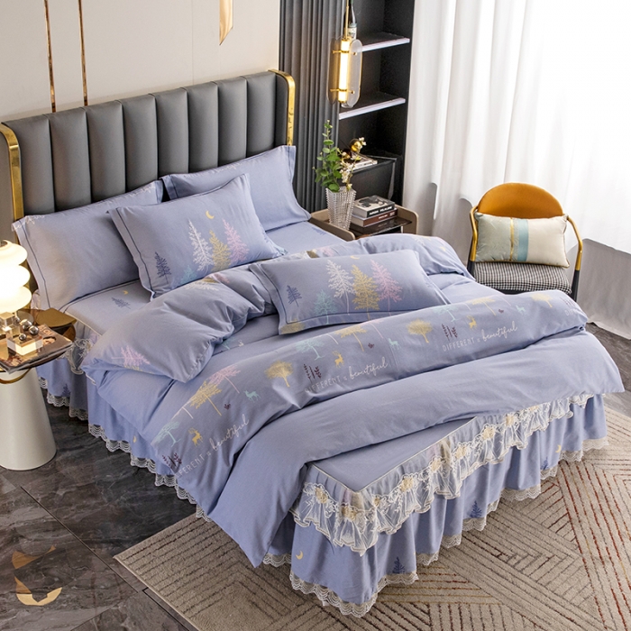 91家纺网 家纺一手货源 找家纺 纽缦 2022新款纯棉磨毛加厚系列-床裙四件套 奇遇森林-灰