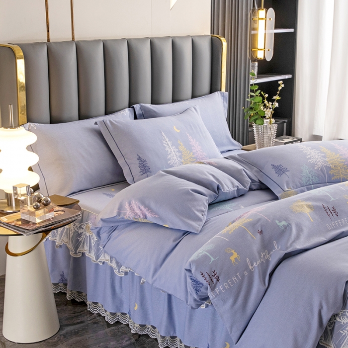 91家纺网 家纺一手货源 找家纺 纽缦 2022新款纯棉磨毛加厚系列-床裙四件套 奇遇森林-灰