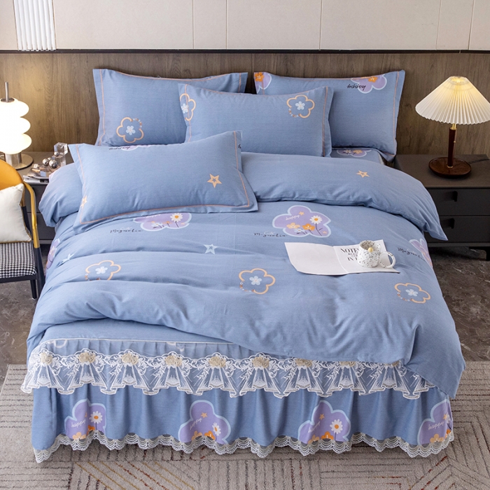 91家纺网 家纺一手货源 找家纺 纽缦 2022新款纯棉磨毛加厚系列-床裙四件套 花晨月夕-灰