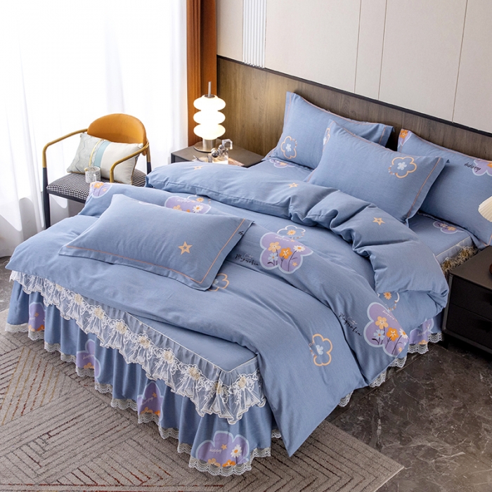 91家纺网 家纺一手货源 找家纺 纽缦 2022新款纯棉磨毛加厚系列-床裙四件套 花晨月夕-灰