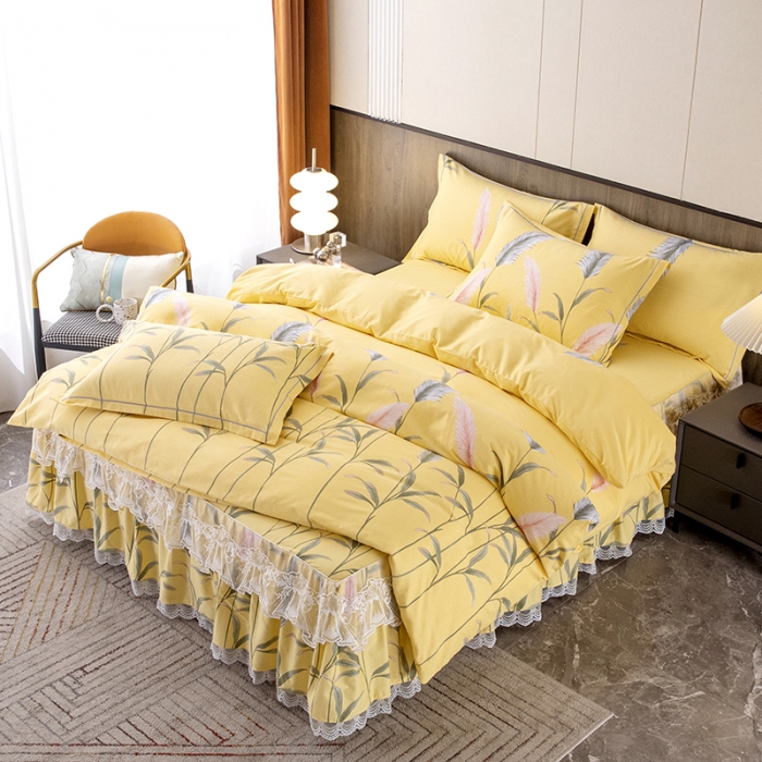91家纺网 家纺一手货源 找家纺 纽缦 2022新款纯棉磨毛加厚系列-床裙四件套 浮梦-黄