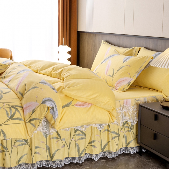 91家纺网 家纺一手货源 找家纺 纽缦 2022新款纯棉磨毛加厚系列-床裙四件套 浮梦-黄