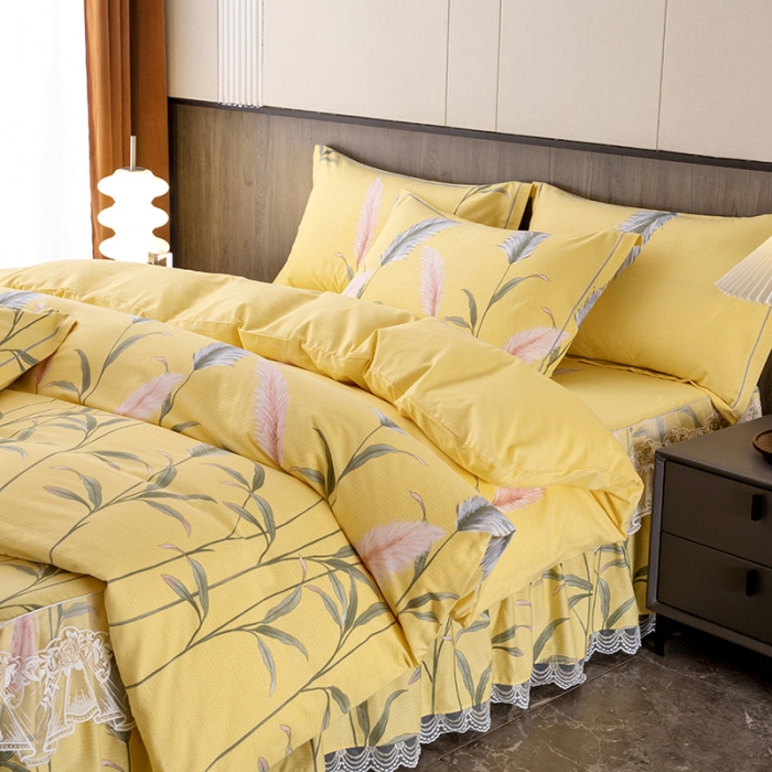 91家纺网 家纺一手货源 找家纺 纽缦 2022新款纯棉磨毛加厚系列-床裙四件套 浮梦-黄