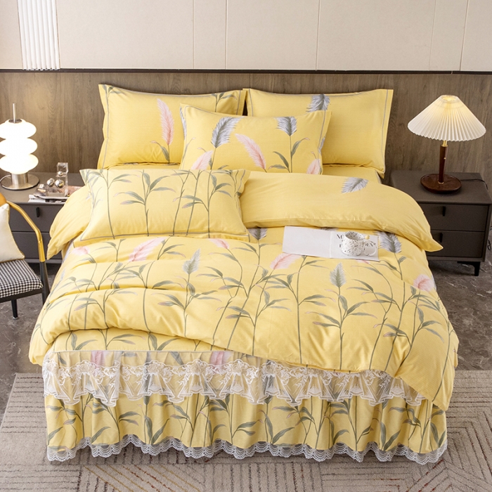 91家纺网 家纺一手货源 找家纺 纽缦 2022新款纯棉磨毛加厚系列-床裙四件套 浮梦-黄