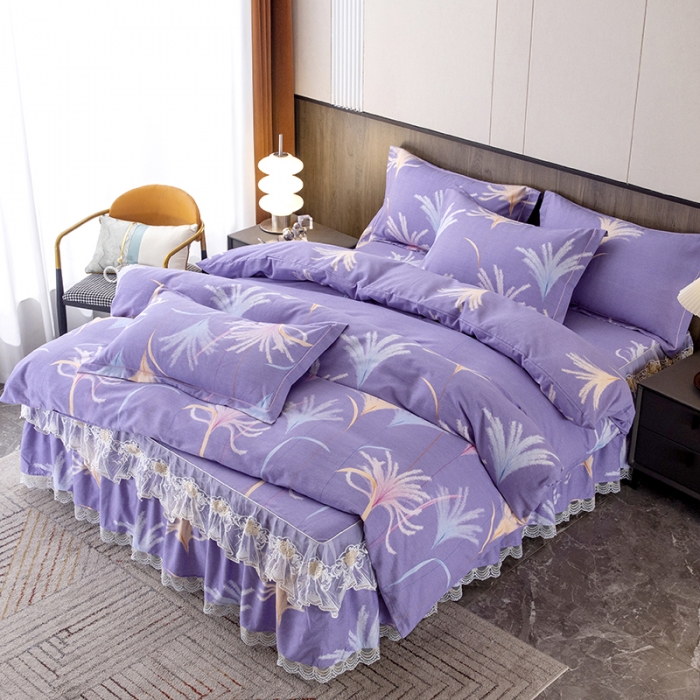 91家纺网 家纺一手货源 找家纺 纽缦 2022新款纯棉磨毛加厚系列-床裙四件套 城南花开-紫