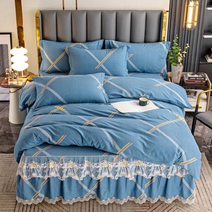 纽缦 2022新款纯棉磨毛加厚系列-床裙四件套 彩条飞舞