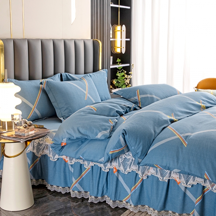 91家纺网 家纺一手货源 找家纺 纽缦 2022新款纯棉磨毛加厚系列-床裙四件套 彩条飞舞