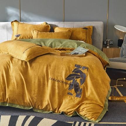 91家纺网 家纺一手货源 找家纺 凡客家居  2022新款阳绒磨毛刺绣博拉图系列四件套 博拉图-姜黄