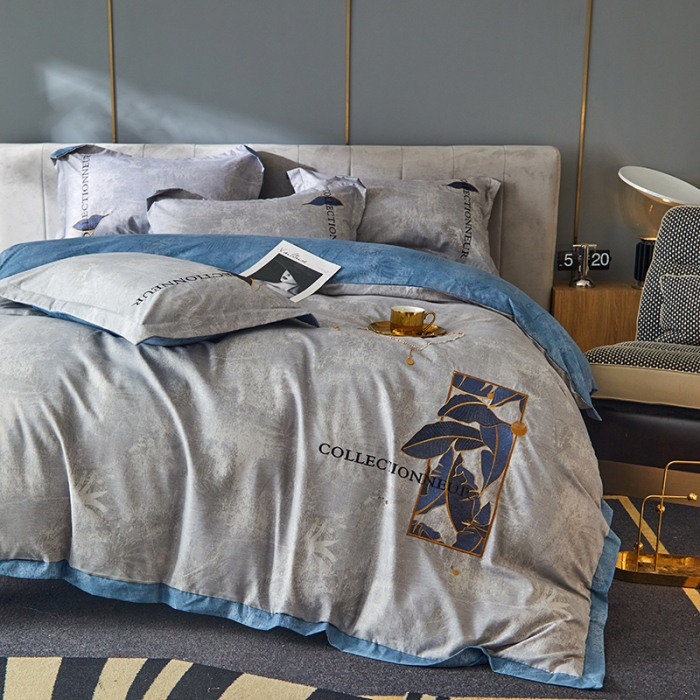 91家纺网 家纺一手货源 找家纺 凡客家居  2022新款阳绒磨毛刺绣博拉图系列四件套 博拉图-高级灰