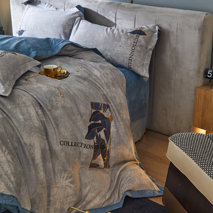 91家纺网 家纺一手货源 找家纺 凡客家居  2022新款阳绒磨毛刺绣博拉图系列四件套 博拉图-高级灰