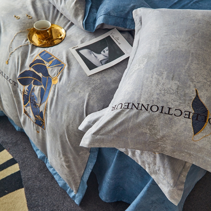 91家纺网 家纺一手货源 找家纺 凡客家居  2022新款阳绒磨毛刺绣博拉图系列四件套 博拉图-高级灰